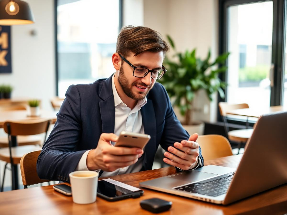 Business owner using a mobile banking app beside a laptop