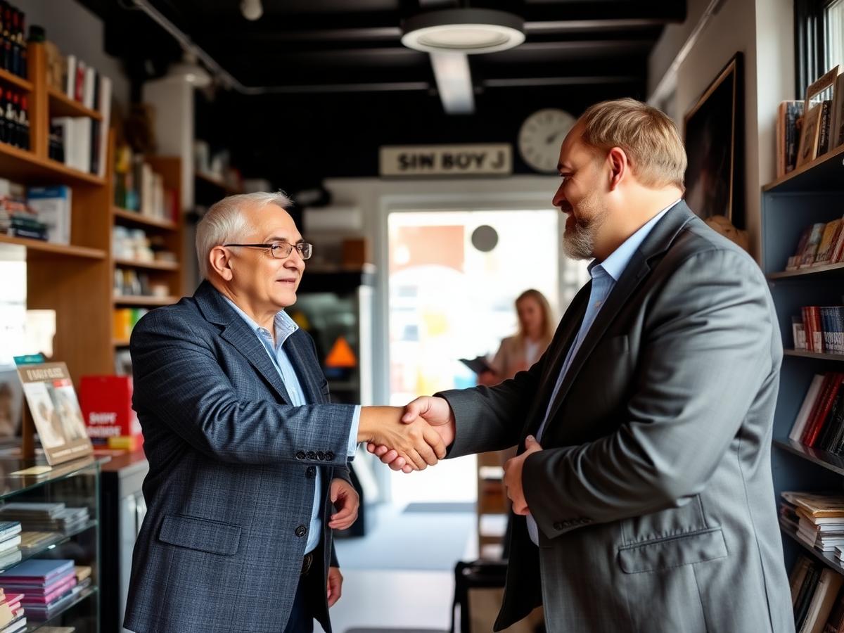 Insurance adviser shaking hands with a shop owner