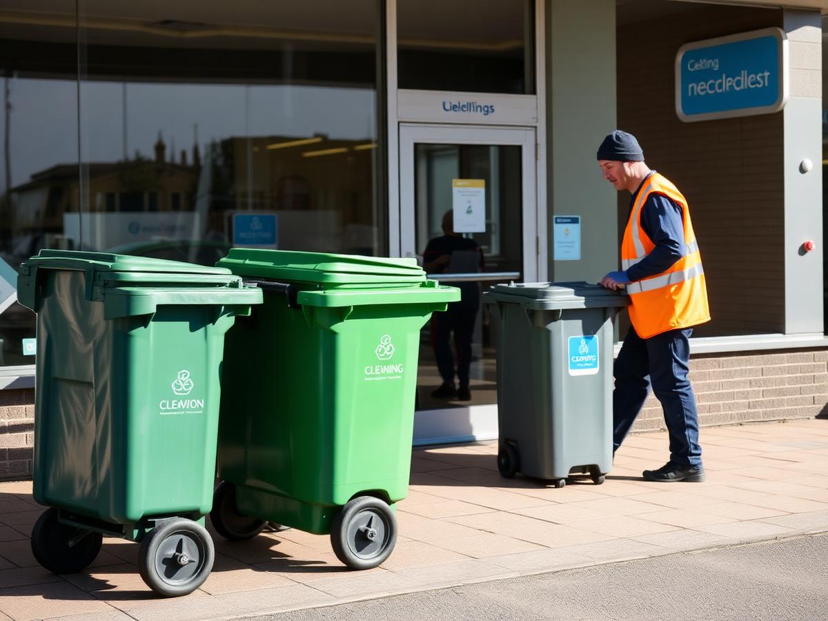 Commercial waste and recycling bins being collected outside a business
