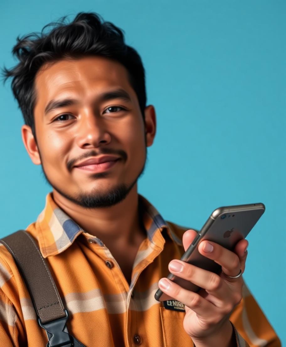 Market trader holding a mobile card reader and phone